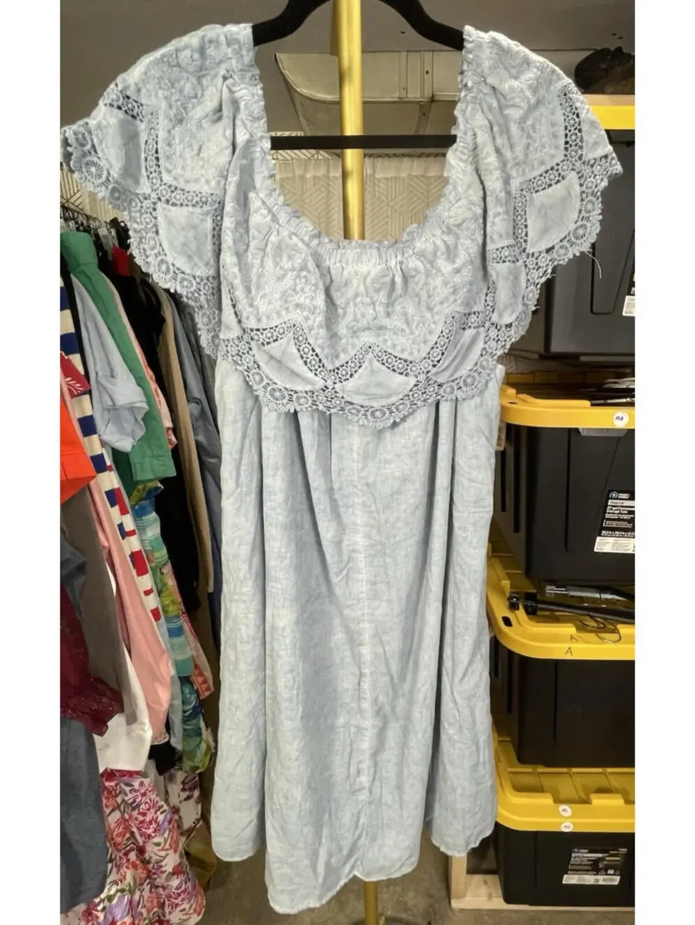 WOMENS KNOX ROSE CHAMBRAY BLUE On OFF SHOULDER LINED EMBROIDERED SHIFT DRESS XXL